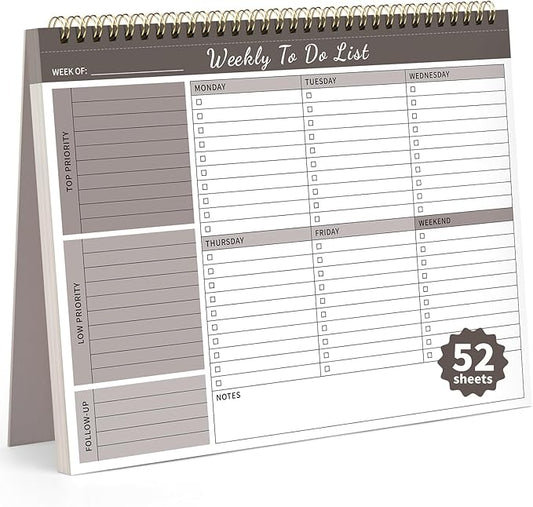 Weekly To Do List Notepad, 52 Undated Sheets （8.5"×11") Duplex-printed Weekly Planner Notepad For Work Home School Office Desk Accessories Supplies & Goal Setting Tasks - Brown