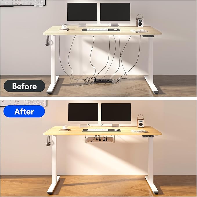 FLEXISPOT EN2 Whole-Piece Standing Desk with Clamp Power Strip, 55 x 28 Electric Stand Up Height Adjustable Desk with Cable Management (White Frame + 55" Maple Top, 2 Packages)