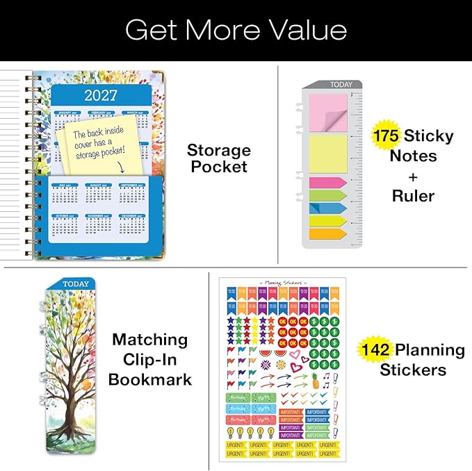 HARDCOVER 2026 Planner, 7"x9": 14 Months (November 2025 - December 2026), Daily Weekly Monthly Planner, Yearly Agenda, Bookmark, Pocket Folder and Sticky Note Set (Tree Seasons)