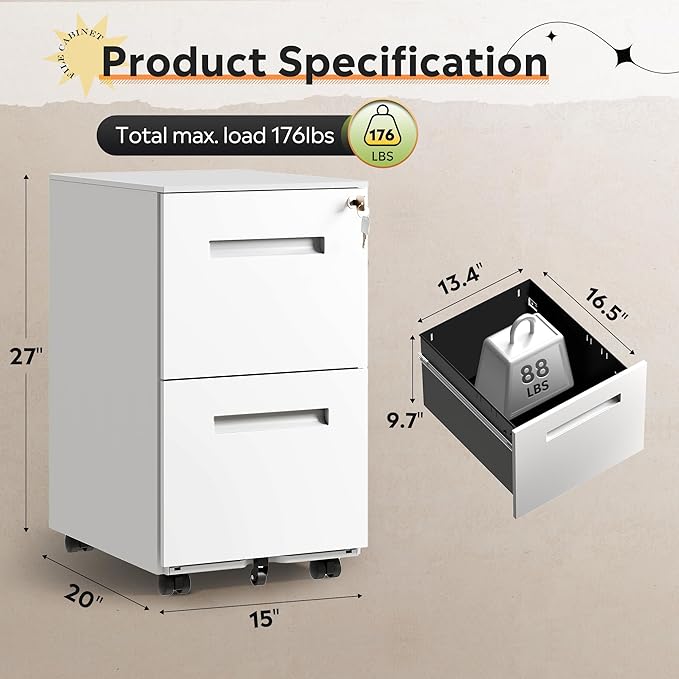 DEVAISE 2-Drawer Metal File Cabinet with Lock, Mobile Filing Cabinet Under Desk for Home Office, Fully Assembled Printer Stand fits F4/A4/Letter/Legal Size, White, 20" D x 15" W x 27" H