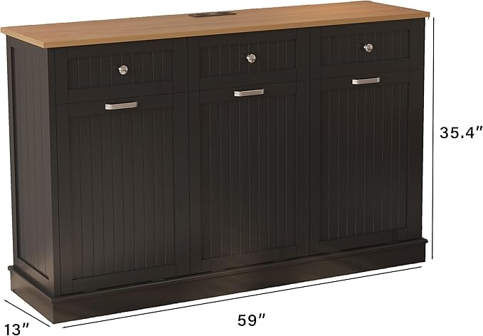 30 Gallon Tilt Out Trash Cabinet, Wooden Kitchen Trash Can Cabinet with Hideaway Drawer, Freestanding Laundry Hamper Garbage Recycling Cabinet on Wheels, Pet Proof, Triple, Black