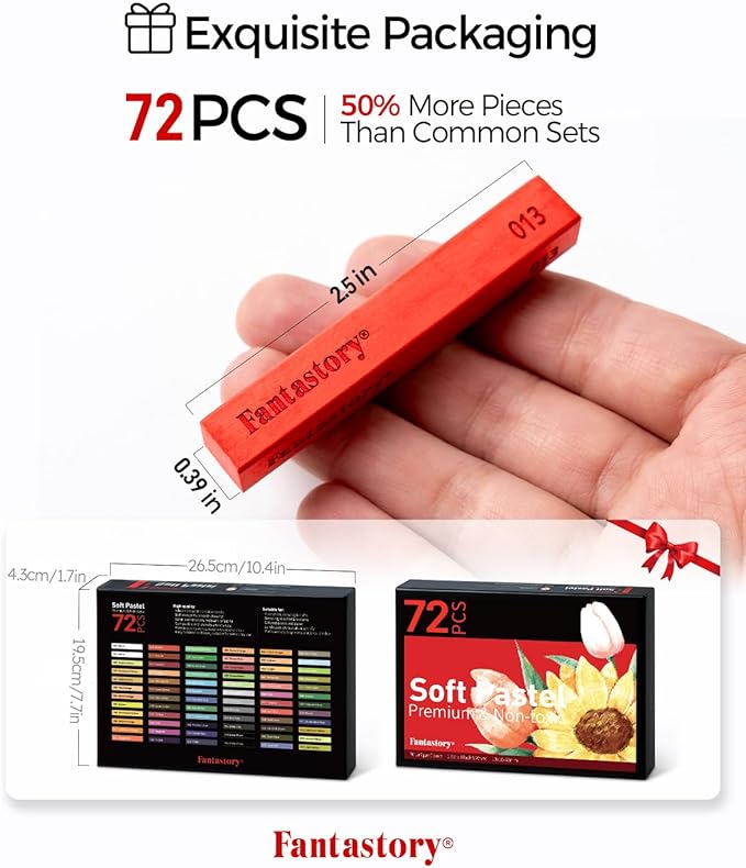 Fantastory Long Soft Chalk Pastels Set, 72 Sticks,Includes 5 Fluorescent Colors; Non Toxic Soft Pastels for Artists,Beginners;Classroom; Drawing,Blending,Layering;Christmas Art Supplies