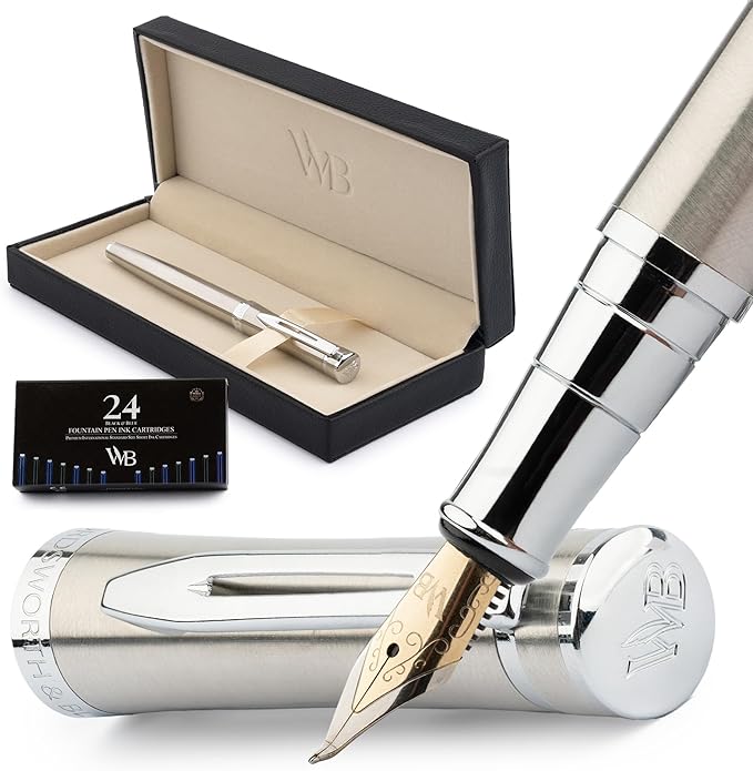 Wordsworth & Black Fountain Pen Set, Bent Nib, Includes 24 Pack Ink Cartridges, Ink Refill Converter & Gift Box, Chrome Finish, Calligraphy, [Silver Chrome], Perfect for Men & Women