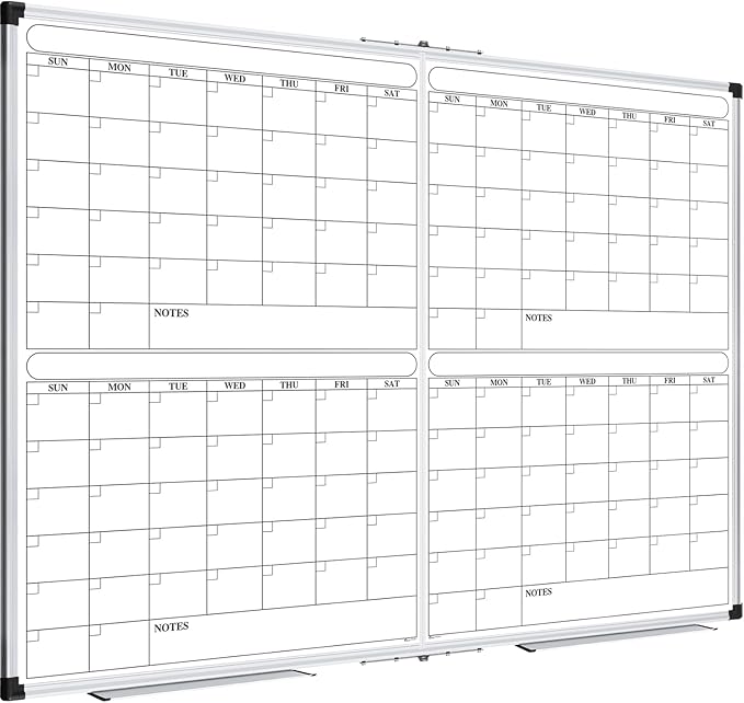 XBoard Magnetic Calendar Whiteboard 48x36 inch, 4 Month Foldable Dry Erase Board Planner, Silver Aluminium Framed White Board Calendar for Home School Office Organization