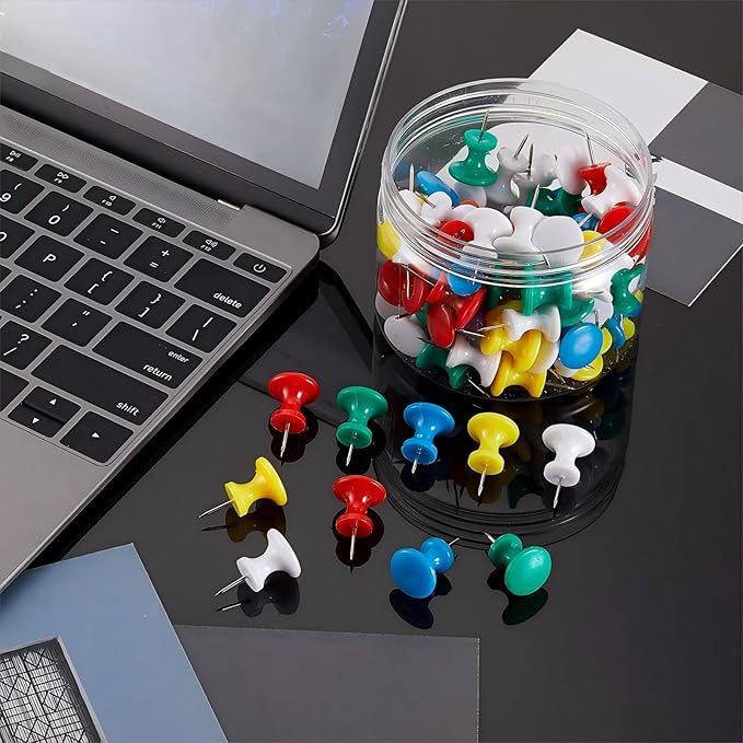 Outus 100 Pcs Giant Push Pins Large Thumb Tacks Plastic Heads 1 Inch Jumbo Push Pins for Cork Board Map Posters Office School(Red, Yellow, Blue, Green, White)