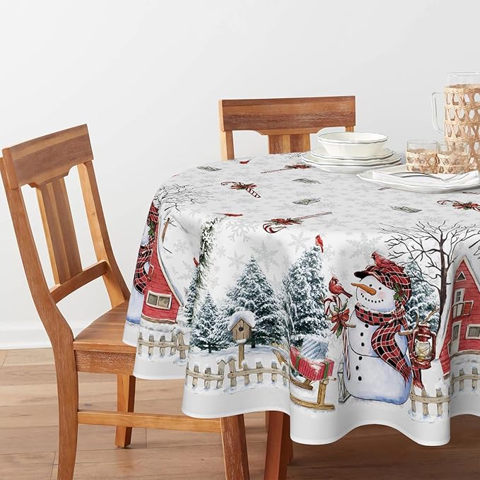 Horaldaily Christmas Tablecloth 60×60 Inch Round, Winter Snowman House Christmas Trees Whirte Washable Table Cover for Party Picnic Dinner Decor