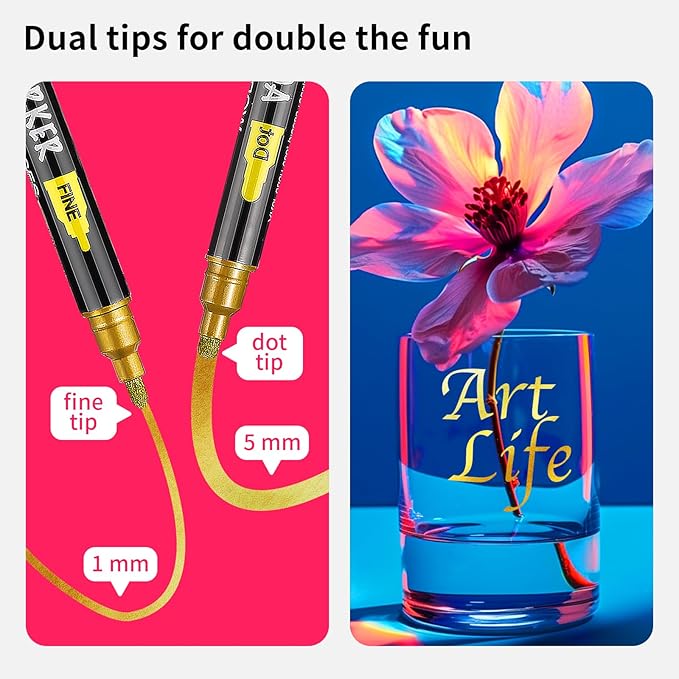 NAWOD 3 Gold Acrylic Paint Pens Markers, Dual Tip (Fine 1mm + Dot 5mm), for Rock Painting Fabric Canvas Glass Wood Ceramic Paper Eggs, Fabric Marker Ideal for Labeling DIY Crafts Art Projects