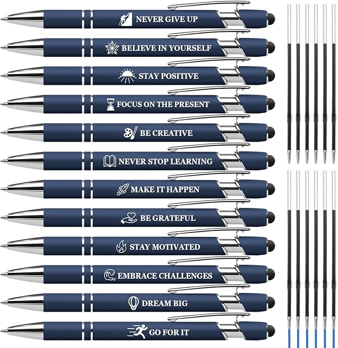 Inspiring Pen Set - 12 Inspirational Quote Ballpoint Pens with 12 Refills, Blue Ink - Motivational Gifts for Office & School | Encouragement Gifts for Men & Women, Deepblue