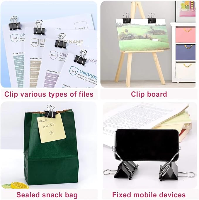 208 PCS Binder Clips Paper Clamps Assorted Sizes, Metal Paper Binder Clip, Black Binding Paperwork Clamp Bulk, Office Supplies for School Teachers