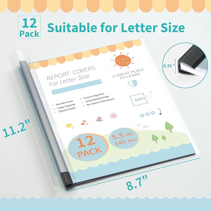 Binditek 12 Pack Clear Report Covers with Black Sliding Bars, 70 Sheet Capacity, 9mm Binding Bars, Letter Size, 5.5 Mil Thick, Black, for Students and Coworkers
