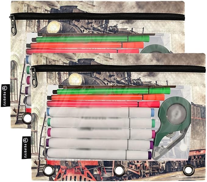 ZAZYXTJ Personalized Vintage Train Binder Pencil Pouchs 3 Ring with Zipper Clear Window Office Organizers bag for School Students Teacher Supplies 2 Pack