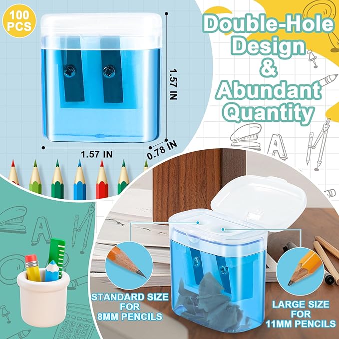 100 Piece Pencil Sharpeners Bulk, Manual Dual Holes Pencil Sharpeners for Kids, 4 Colorful Handheld Sharpeners with Lid Portable Compact for School Supplies Classroom Office Students Home