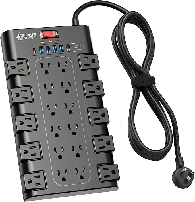 Power Strip Surge Protector, SUPERDANNY 8Ft Long Extension Cord with 6 USB Charging Ports and 22 AC Outlets, 1875W/15A, 2100 Joules, Flat Plug Power Outlet for Home, Office, Dorm, Gaming Room, Black