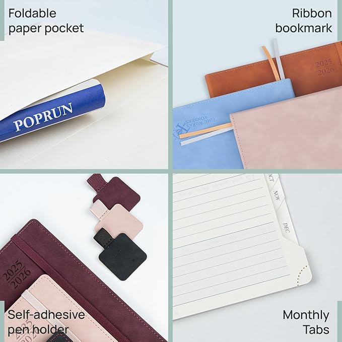 POPRUN Planner 2025-2026 Weekly Notebook (Large 8.5''x 10.5'') Academic Calendar (JUL.25 - JUN.26) Appointment Book with Monthly Tabs, Leather Soft Cover, Inner Pocket, 100 GSM - Lilac