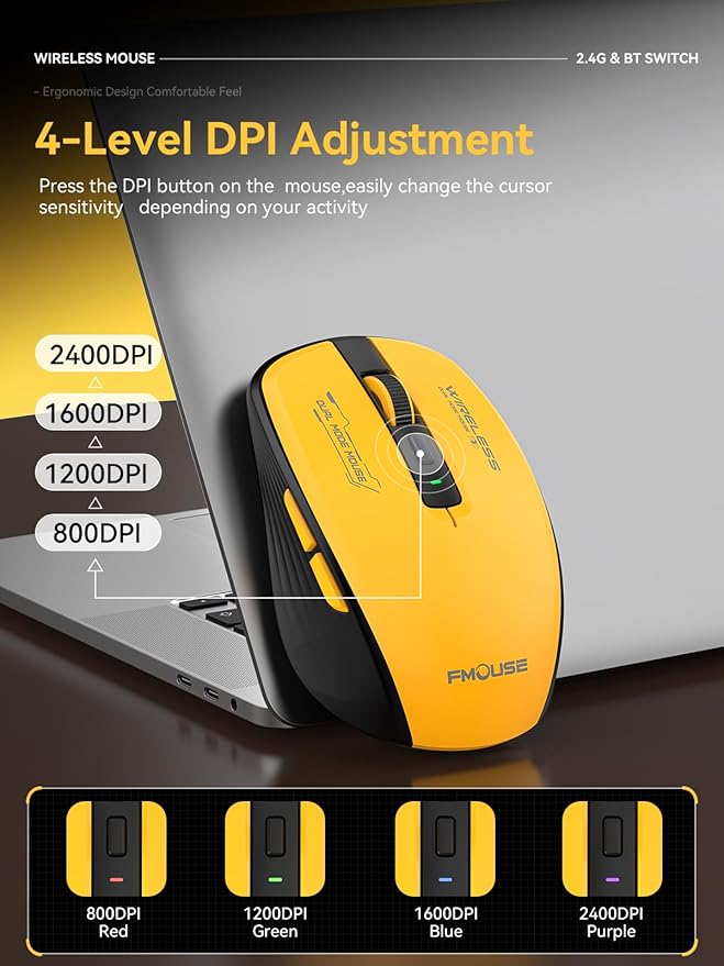 Wireless Mouse (Bluetooth & 2.4GHz USB) with Forward/Backward Side Keys, Silent Click, Ergonomic Portable AA Battery Mice for Laptop/Mac/iPad - Office & Travel Use, Yellow & Black