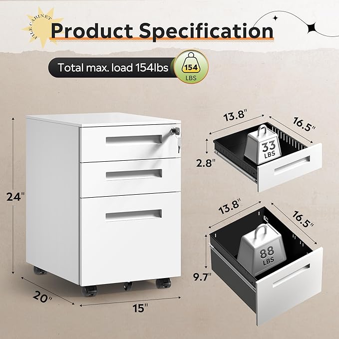 DEVAISE 3-Drawer Metal File Cabinet with Lock, Mobile Filing Cabinet Under Desk for Home Office, Fully Assembled Printer Stand fits A4/F4/Letter/Legal Size, White, 20" D x 15" W x 24" H