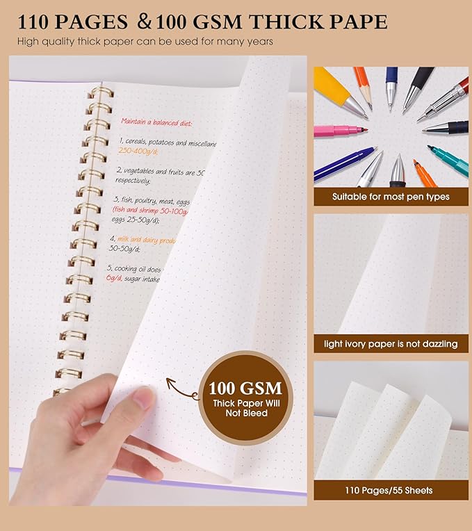 Dotted Notebook, Spiral Notebook Journal 8.5” x 11”, A4 Large Dot Grid Notebooks for Women Men, 100 GSM Dotted Paper, Plastic Hardcover Spiral Bullet Journals for Work School Sketching, Purple