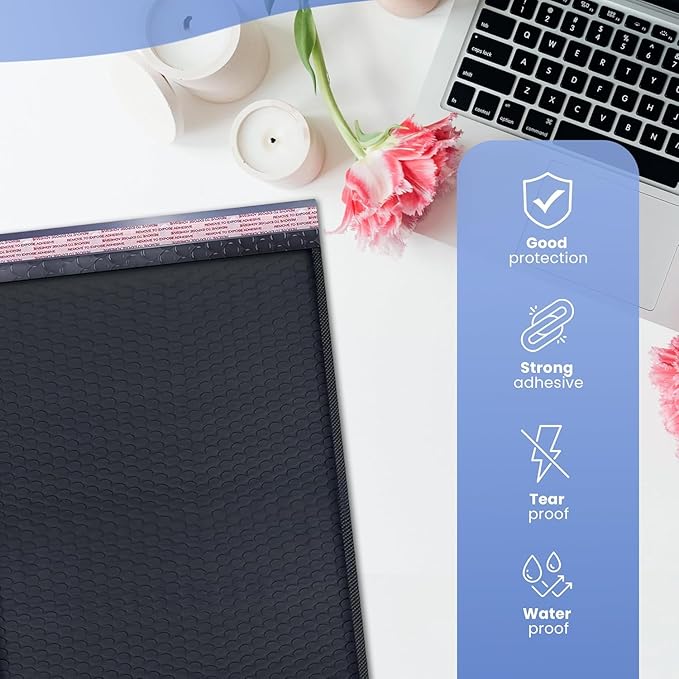 Black 10x13 Inch Poly Bubble Mailers |Self Seal Padded Envelopes for Thick books | Air Cushioned Bubble Mailer | Usable Size 9.5x13 Inch | Waterproof Lightweight Mailing Shipping Bags | 100 Pack Bulk