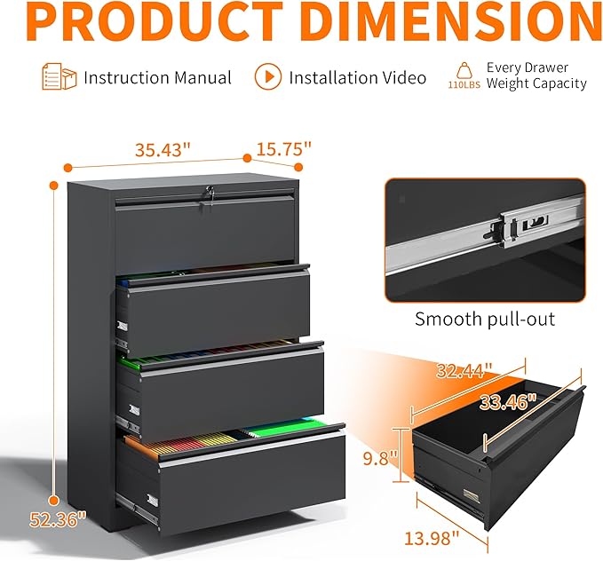 4 Drawer Lateral File Cabinet with Lock Heavy Duty Large Metal Filing Cabinet Home Office Cabinets Wide Steel Cabinets for Legal/Letter Size,Assembly Required