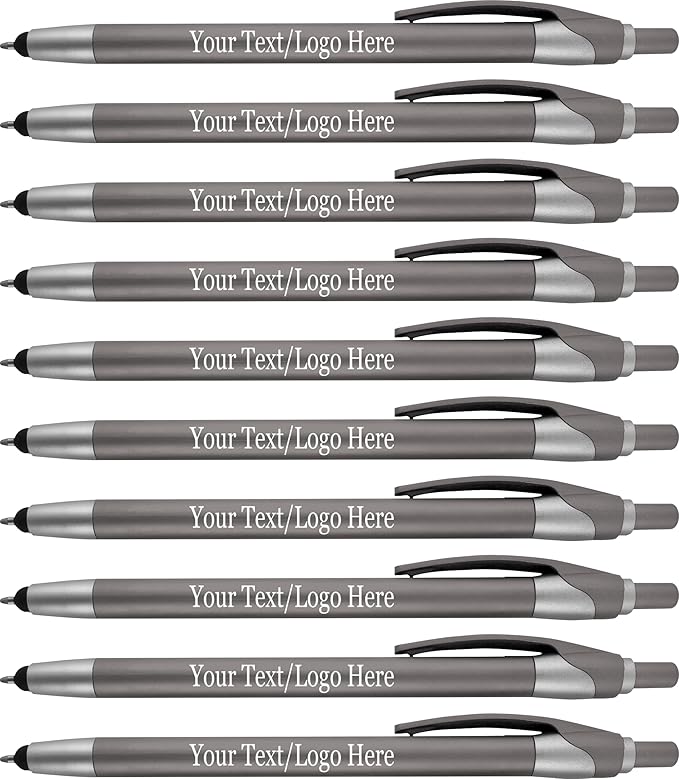 Personalized With your Custom Logo or Text Pens-Pack of 300- for Marketing, Parties, and Events, 2 in 1 Capacitive Stylus & Ballpoint Pen Compatible With Touchscreen Devices, Black Ink, Grey Pens