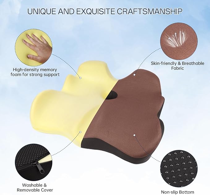 Seat Cushion, X-Large Memory Foam Office Chair Cushion, for Pressure Relief Sciatica & Pain Relief for Long Sitting Hours on Office/Home Chair, Car (Brown)