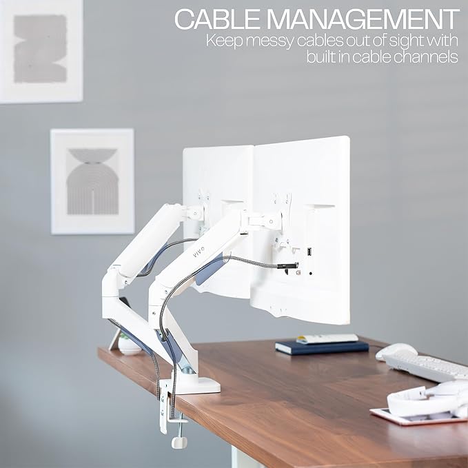 VIVO Dual Monitor up to 32 inches and 19.8 lbs per Screen, Mechanical Arm Desk Mount, Articulating Counterbalance, VESA Stand, Classic, White STAND-V002OW