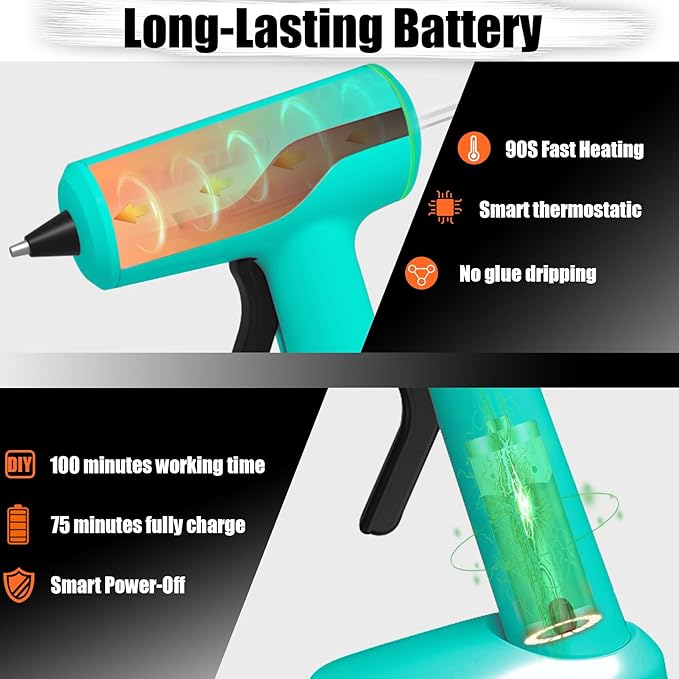 MONVICT Smart Power-Off Cordless Hot Glue Gun, Mini Glue Gun Kit with 2.2A Battery, Storage Bag, 40 Pcs Glue Sticks, 10 Pcs Craft Sticks, USB-C Rechargeable Hot Melt Glue Gun for DIY Craft Gift