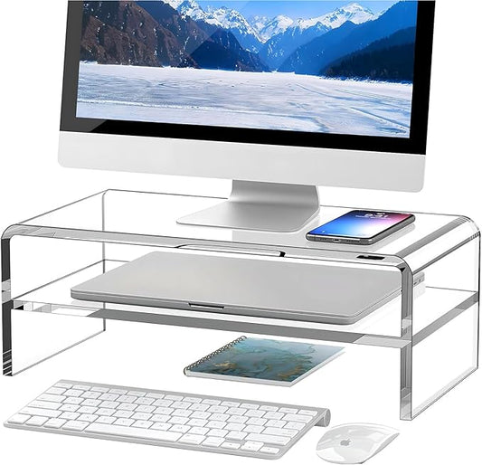 Clear Acrylic Monitor Stand Riser 2 Tier, 5.12 Inches High Clear Computer Desk Organizer Shelf for Multi Media PC Storage Laptop