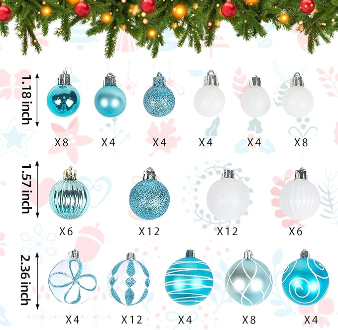 100Pcs Elegant Christmas Balls Set Christmas Tree Ornaments with Glitter and Patterns Bulk Ornaments for Tree as Festive Christmas Decor Xmas Ball Set Blue Silver