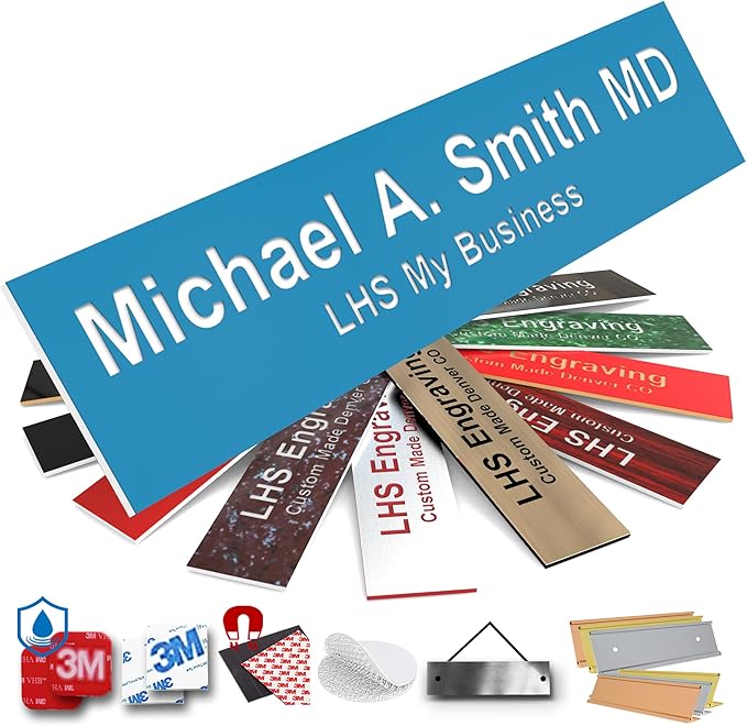 Engraved Name Plates for Door Sign Personalized Light Blue Plastic Plaque with White Letters - Made in USA 2x6 B1