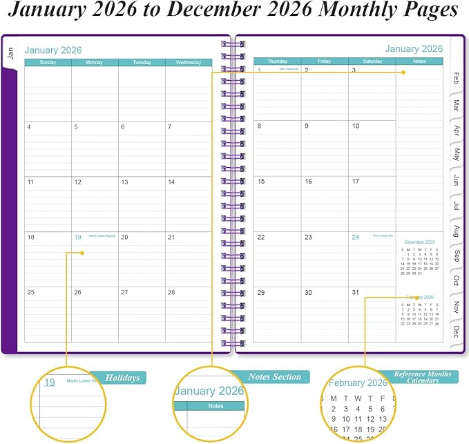 2026 Planner - Planner 2026 from January 2026 - December 2026, Weekly & Monthly Planners Spiral Bound with 12 Monthly Tabs, Inner Pocket, 6.4" x 8.5", Purple