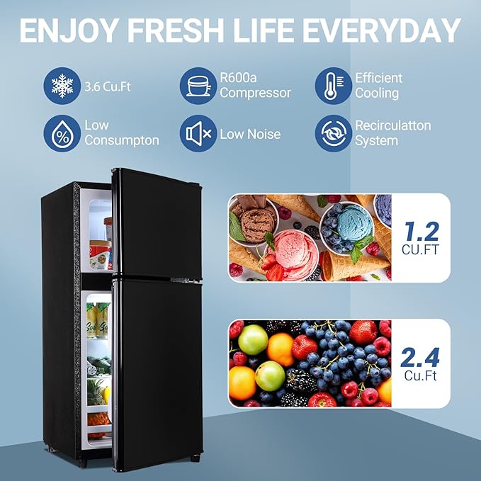 Dorm Fridge with Freezer, Small Refrigerator 3.6 Cu. Ft. with Freezer for Apartment, Temperature Adjustable Apartment Size Fridge for Kichen, College, RV, Office, Black