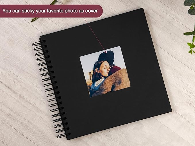 potricher 10 x 10 Inch DIY Scrapbook Photo Album 80 Pages Thick Kraft Blank Black Paper Memory Book for Wedding and Anniversary Family (Black, 10 Inch)