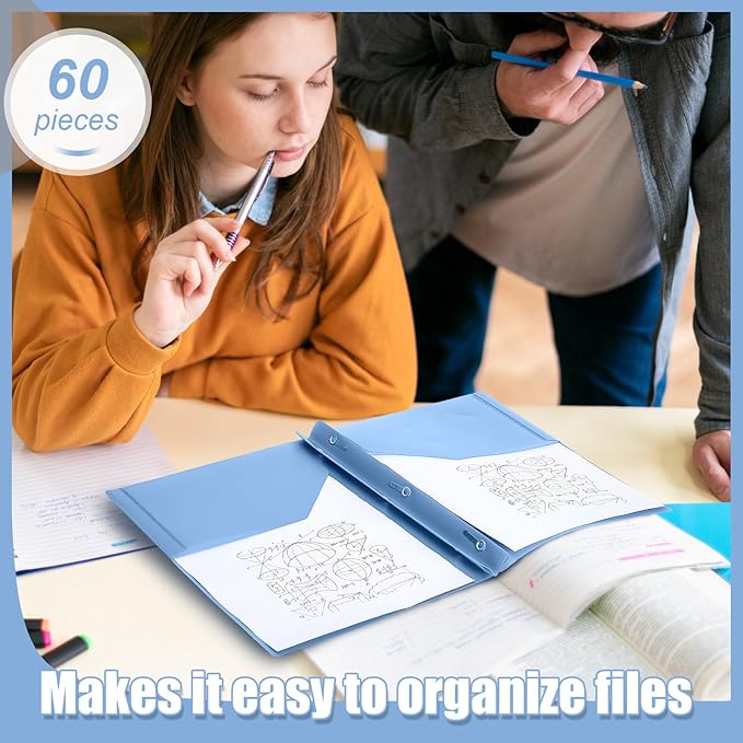 Yeaqee 60 Pcs Plastic Folders with Pockets and Prong Plastic Folders with 2 Pockets Pocket for Office, School for Students, Teachers, Office Workers (Haze Blue)
