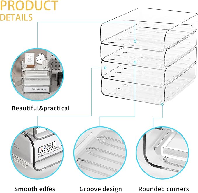 4-Tier Acrylic Paper Tray Organizer | Clear Stackable Desk Organizer for Documents, Letters, A4 Paper | Modern Office/Classroom/Home Organization