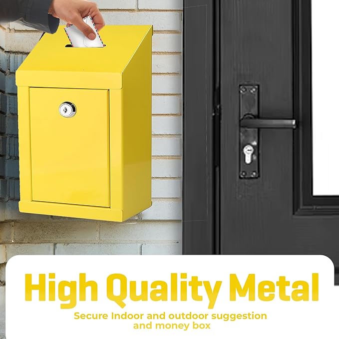 Metal Donation Box-Suggestion Box with Slot and lock-Cash Lock box for Money-Secure Drop Box-Comment and ballot voting box-comes with pre-drilled holes for easy wall mounting 10 X 6 X 2.5"(Yellow)