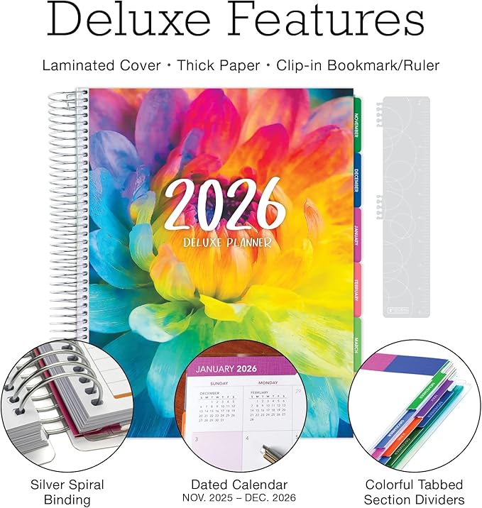 DELUXE 2026 Planner, 8.5"x11": 14 Months (November 2025 - December 2026), Includes Page Tabs, Bookmark, Planning Stickers, Pocket Folder Daily Weekly Monthly Planner Yearly Agenda (Rainbow Petals)
