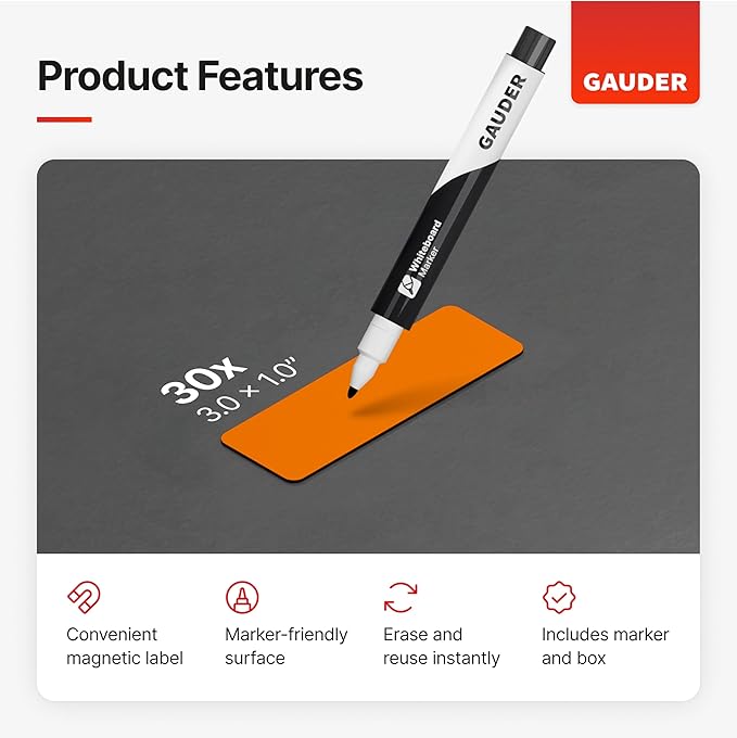 GAUDER Magnetic Dry Erase Labels | 30x Magnetic Labels (3 Inches x 1 Inch) | Dry Erase Magnets for Classroom, Whiteboard and Blackboard