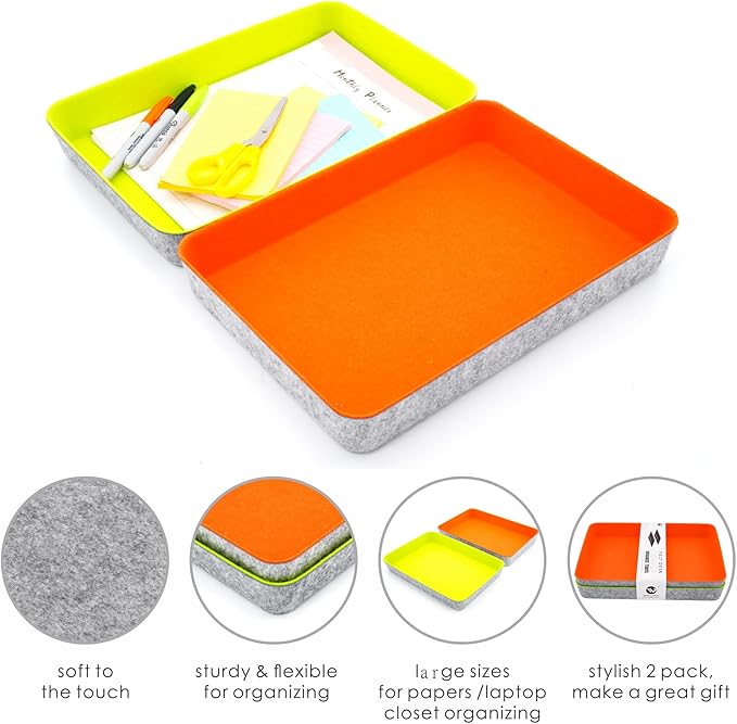 Welaxy 2-piece Office desk drawer organizer tray letter-size documents A4 paper book file Folder Holder storage bins (Orange + Green)