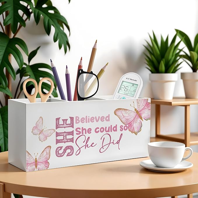 She Believed She Could Pencil Pen Holder for Desk, Inspirational Gifts for Women, Retro Coquette Butterfly Wooden Pencil Holder Organizer for Home Office Desk Accessories