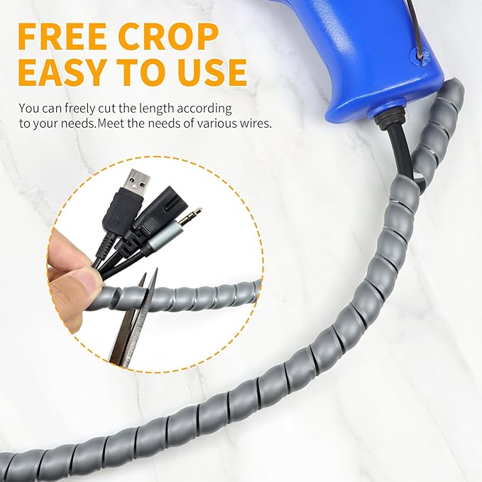 Spiral Wire Wrap, 9.84ft, 16.4ft, 33ft Spiral Cable Wrap Sleeve Hose for Computer, Power, Audio & Video Cords Stop Cord Tangle and Detangler (Grey, 10mm (3/8")-33ft)