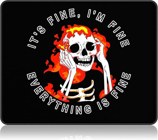 Auhoahsil Mouse Pad, 12 x 10 in Cute Skull Theme Computer Mouse Pad for Desk, Premium-Textured Non-Slip Rubber Stitched Edges Waterproof Square Mouse Mat for Gaming Work Wireless Mice, I am fine