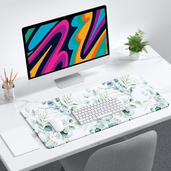 Desk Mat, 32" x 12" XXL Extended Large Gaming Mouse Pad, Desktop Decor Desk Pad, Cute Men Women Office Supplies and Accessories, XL Mouse Mat for Laptop & Keyboard, Minimalism White Flower