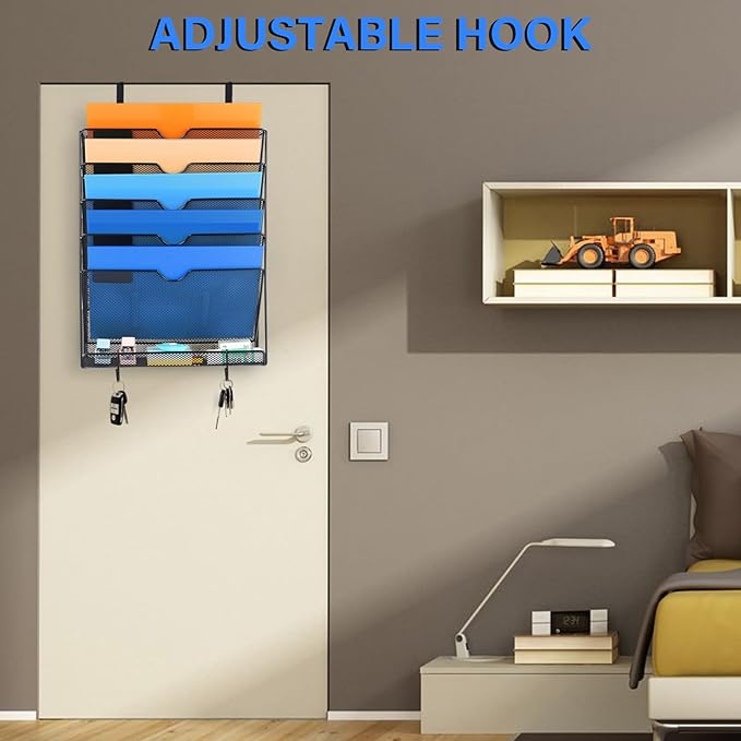 Wall File Organizer, 6 Pockets Mesh Hanging File Organizer, Wall Mount File Paper Folder Holder With Hooks, Wall Organizer Magazine Document Mail for Office School, Black