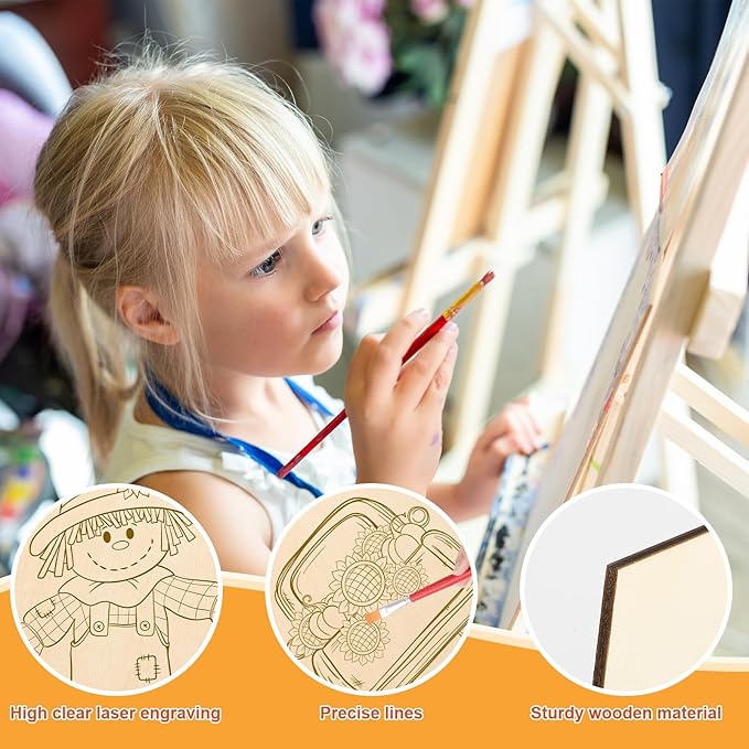 COCHIE 10PCS Large Thanksgiving Unfinished Wood Crafts to Paint for Adults Kids, Bulk Predrilled Wooden Ornaments for Painting, Pumpkin Scarecrow Paintable Wood Slices Craft Supplies with Ropes