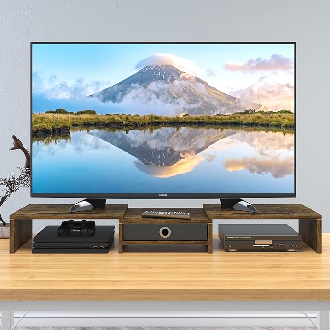 WESTREE Dual Monitor Stand Riser with Drawer, 3 Shelf Computer Monitor Riser with Adjustable Length and Angle, Desktop Monitor Stand Riser Storage Organizer for 2 Monitors