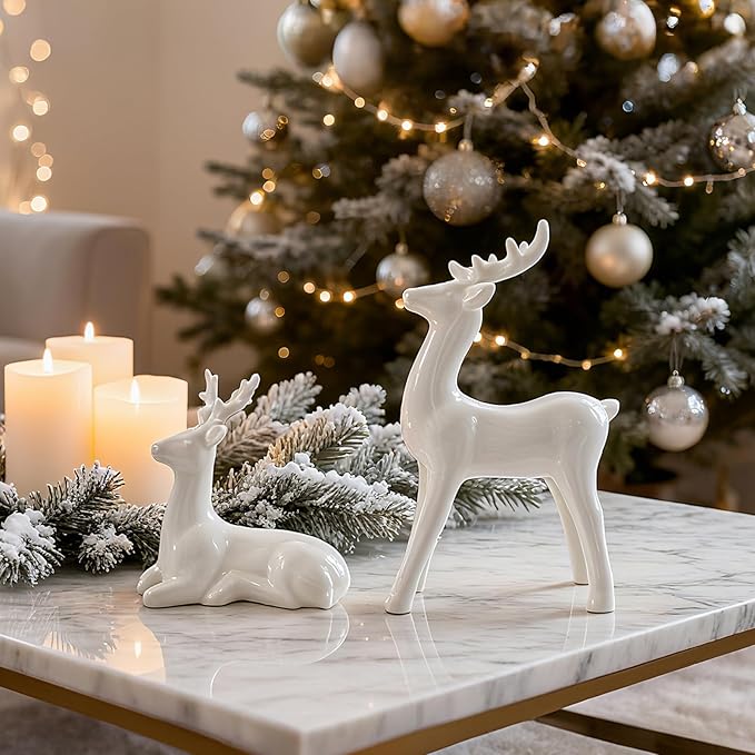 WDS WONDROUS Christmas Decoration Indoor Reindeer Figurines, Set of 2 White Christmas Reindeer Statues Decor, Ceramic Deer Sculptures Xmas Decorations for Table Top Winter Mantel Home Decor