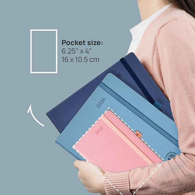 POPRUN 2026 Weekly & Monthly Planner Calendar,Pocket 4'' x 6.25'', Horizontal Layout with Lined Sections, Jan. 2026 - Dec. 2026, Leather Hardcover, 100GSM Paper, Inner Pocket - Army Green