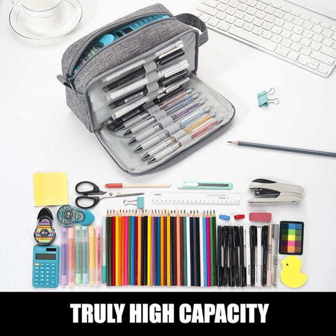 Sooez High Capacity Pencil Case, Big Pencil Bag Pouch Box Organizer Pen Case, Portable Journaling Supplies with Easy Grip Handle & Loop, Asthetic Supply for Girls Adults, Grey