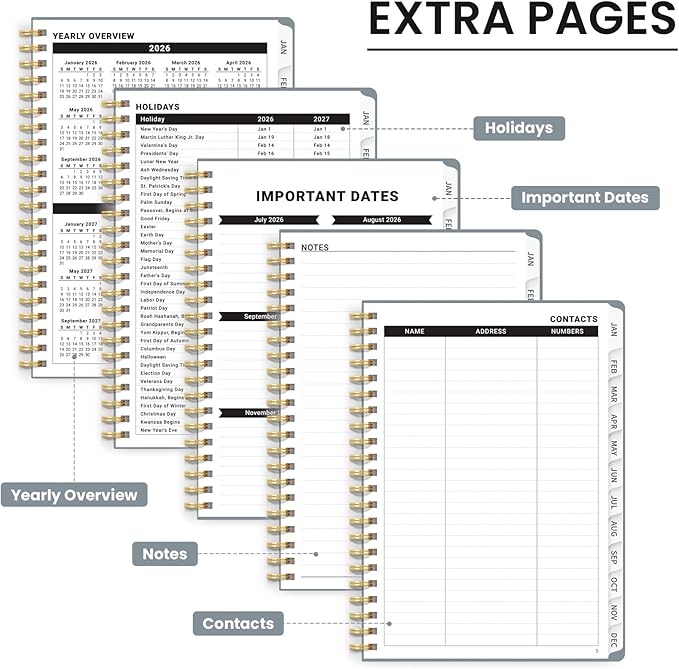 2026 Planner, Weekly and Monthly Calendar Planner, January 2026 - December 2026, Hardcover 2026 Calendar Planner Book with Tabs For Women & Men, Inner Pocket, Spiral Bound, Perfect for Office Home School Supplies - A4 (8.5" x 11"), Stone Gray